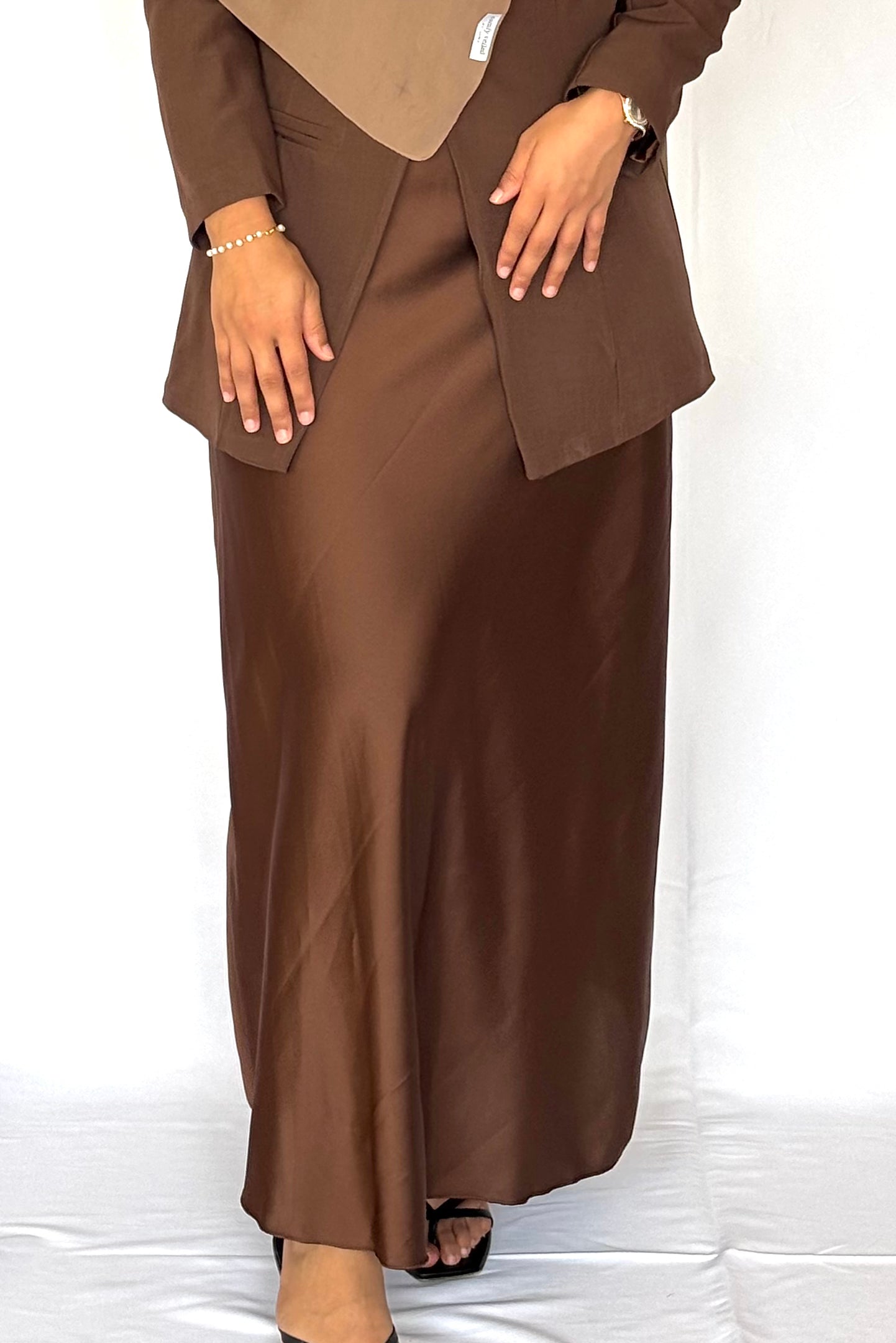 Long brown satin skirt
