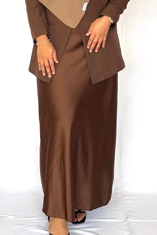 Long brown satin skirt