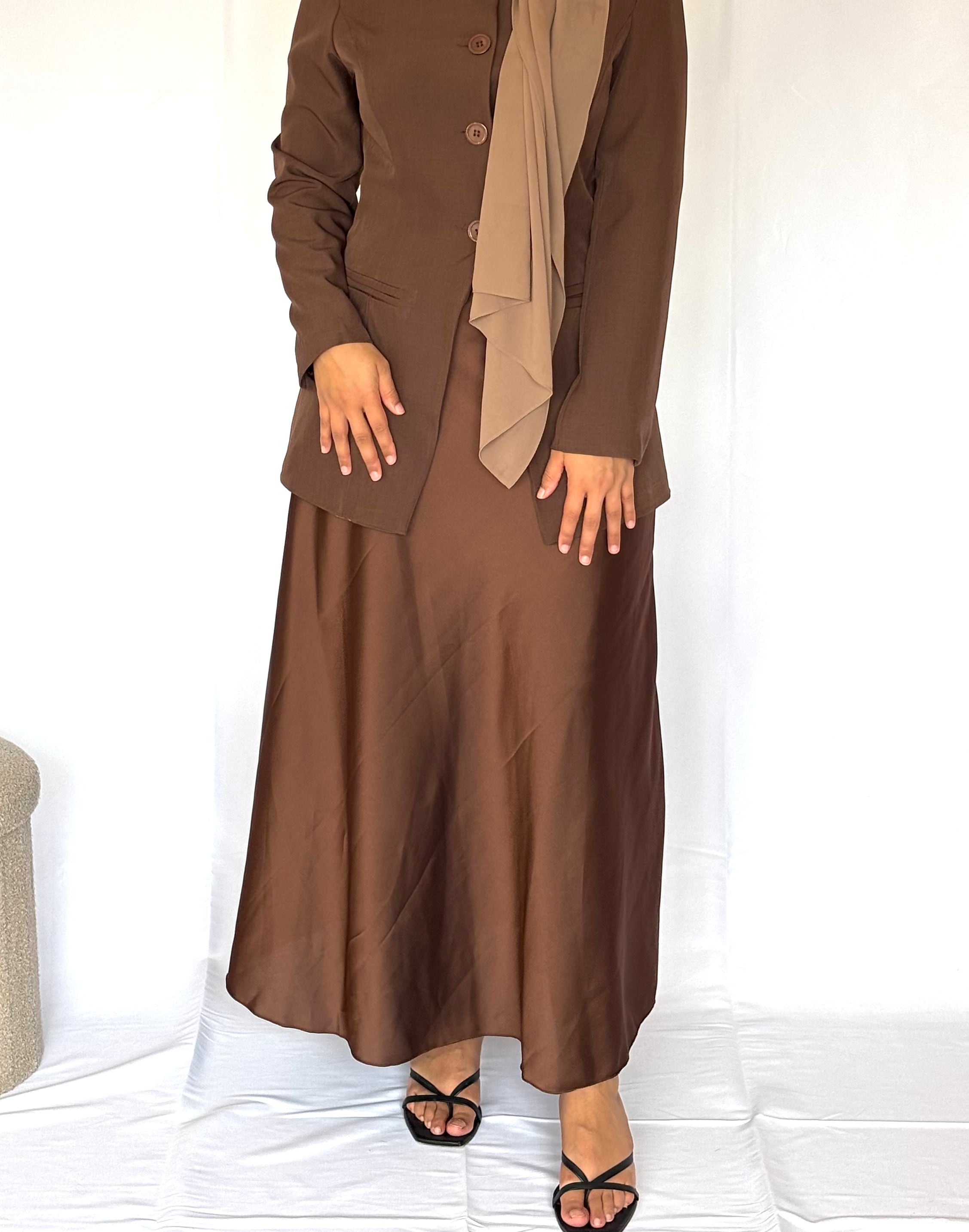 Long brown satin skirt