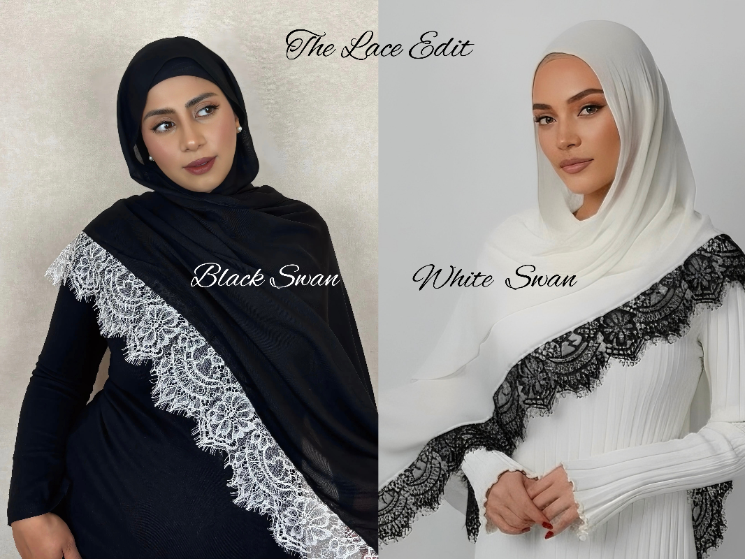 Two hijabs, one black and one white, with lace details, labeled 'Black Swan' and 'White Swan'.